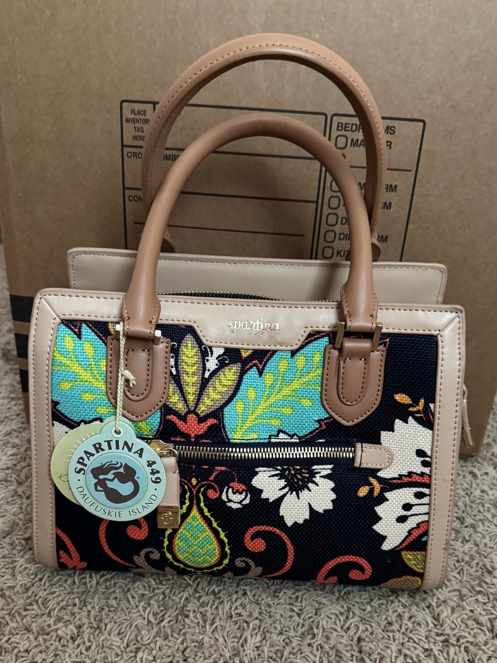 Spartina 449 Black Multicolor Floral Satchel with Tan Trim